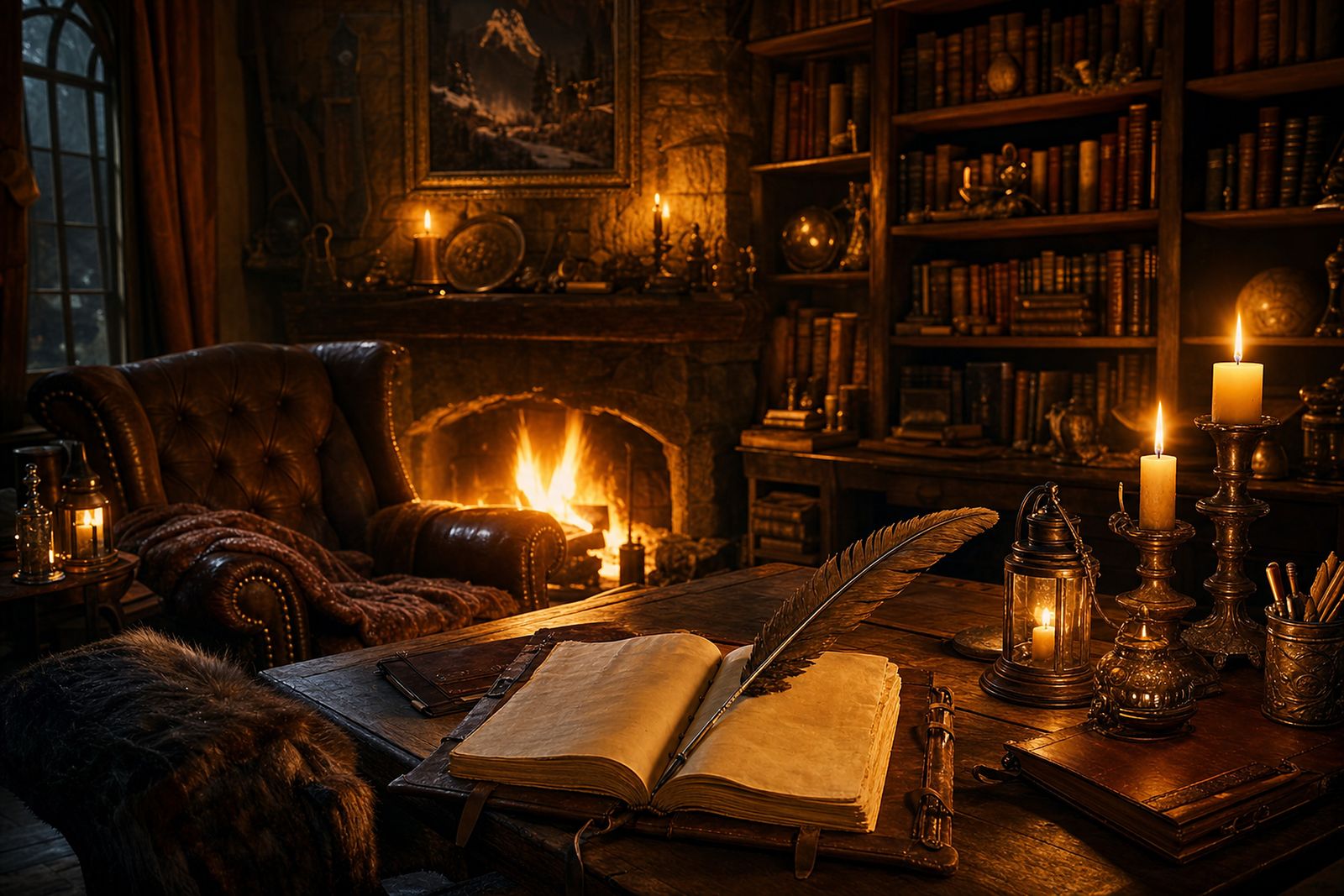 Een warme schrijfkamer met een haard